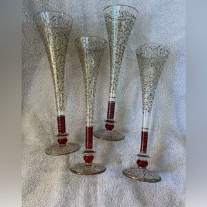 Set of 4 Pier 1 Red / Glass Champagne Flutes 10 3/4 tall